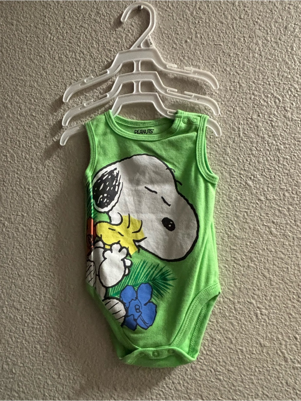 Peanuts Bright Green Sleeveless Snoopy & Woodstock Baby One-Piece